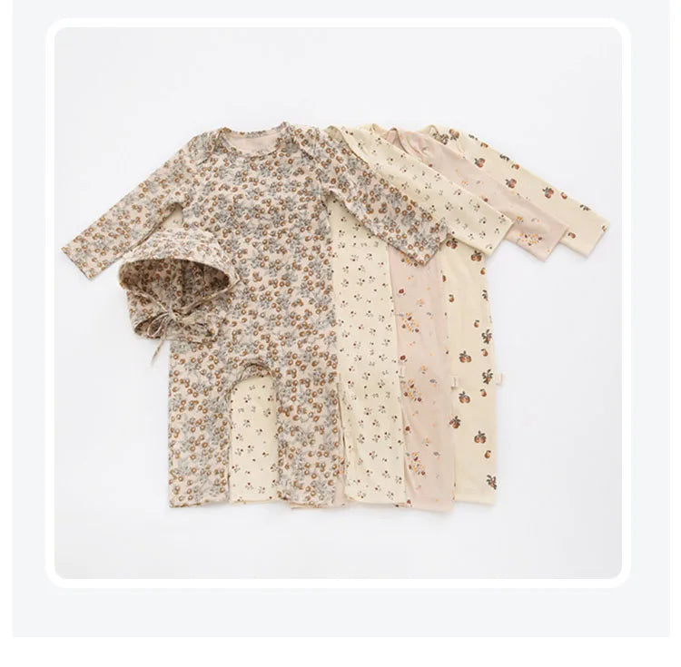 Printed Cotton Baby Romper with Long Sleeves and Footless Legs, Floral and Fruit Pattern One-Piece Outfit for Boys and Girls, Separate Hat Options