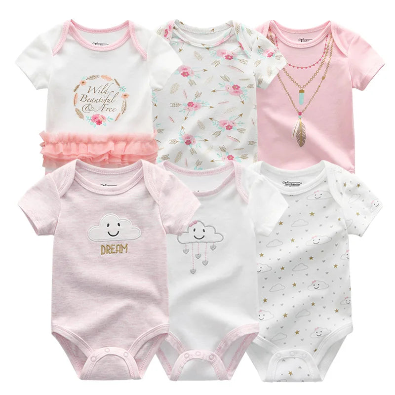 Baby Cotton Bodysuit Set, 6-Piece Short Sleeve Outfits with Envelope Shoulders and Snap Crotch for Boys and Girls, Sizes 3M-12M