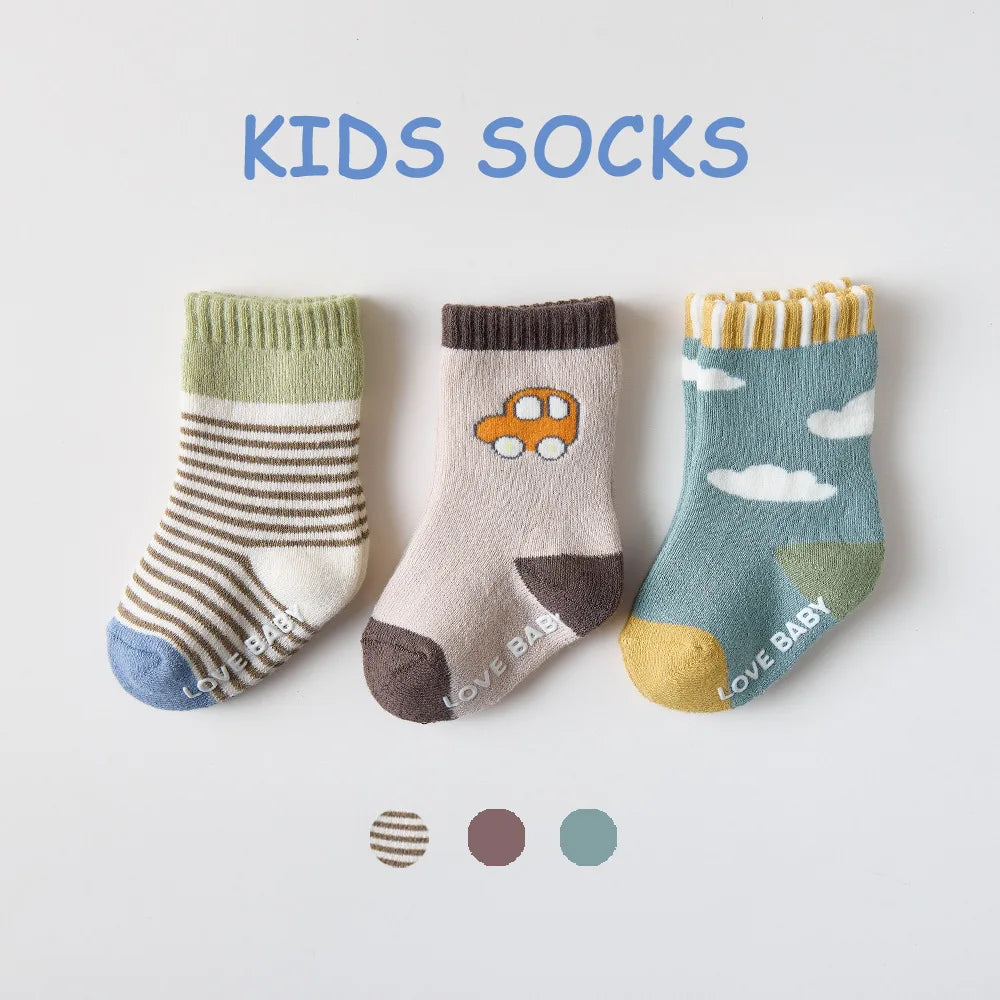 Baby Terry Cotton Socks 3-Pair Set, Thick Non-Slip Socks for Newborns, Infants and Toddlers Ages 0-5 Years for Cozy Fall and Winter Wear