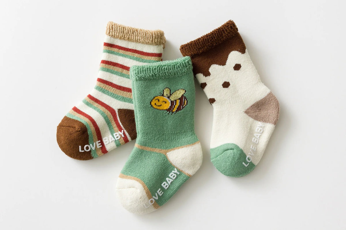 Baby Terry Cotton Socks 3-Pair Set, Thick Non-Slip Socks for Newborns, Infants and Toddlers Ages 0-5 Years for Cozy Fall and Winter Wear