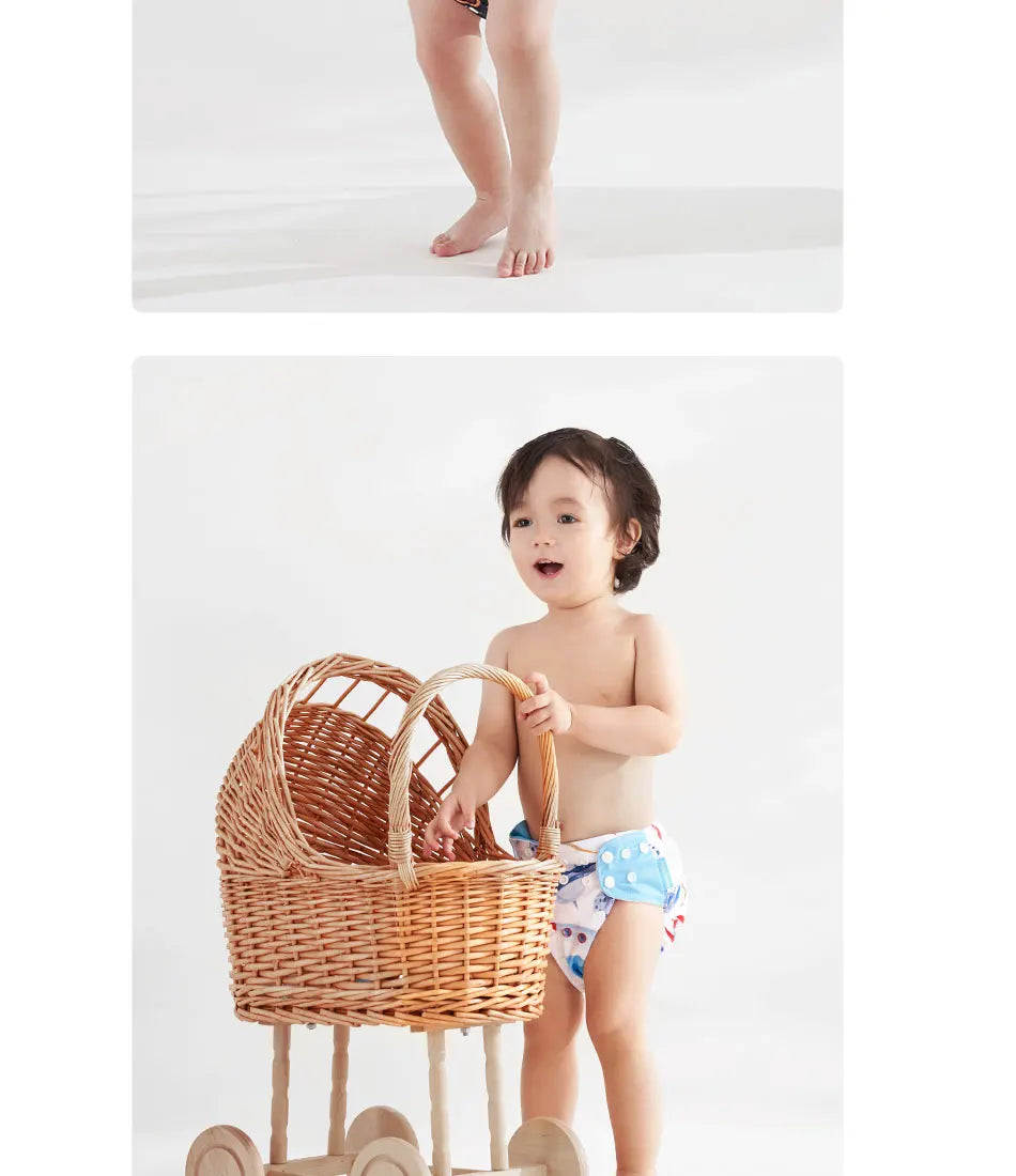 Pocket Cloth Diapers 4-Pack by Happyflute, Reusable Baby Nappies with Printed PUL Outer, Suede Cloth Lining and Snap Closures for 3–15 kg