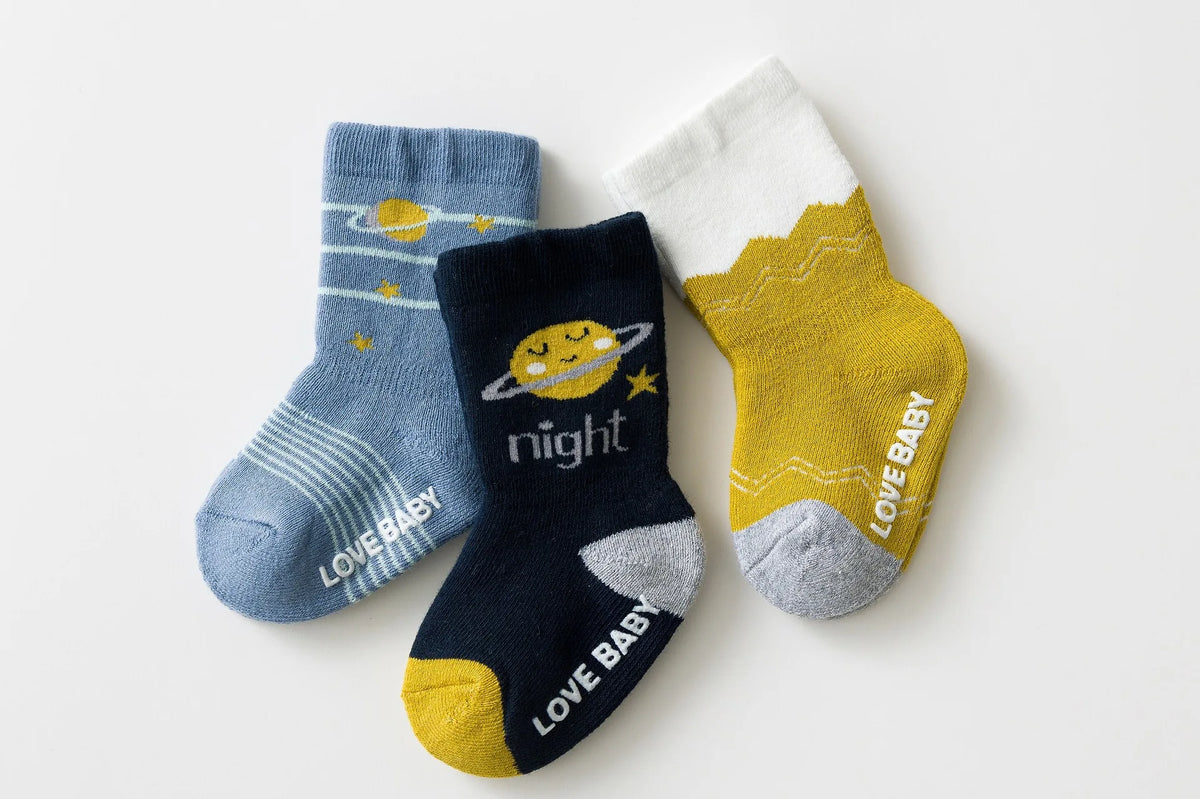 Baby Terry Cotton Socks 3-Pair Set, Thick Non-Slip Socks for Newborns, Infants and Toddlers Ages 0-5 Years for Cozy Fall and Winter Wear