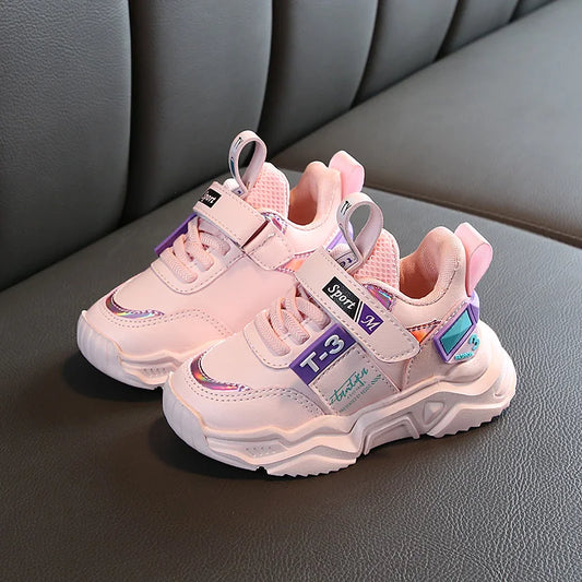 Toddler Chunky Strap Sneakers with Faux Leather Panels and Colorblock Accents, Beige, Black or Pink Casual Shoes for Boys and Girls, Sizes 21-30