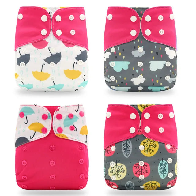 Reusable Cloth Diapers, Happyflute 4-Pack One-Size Pocket Baby Nappies with Adjustable Snap Closures, Washable Covers, Inserts Sold Separately