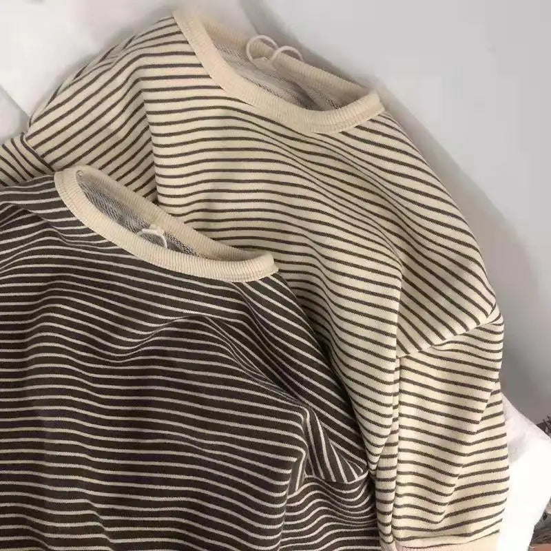 Striped Kids Sweatshirt with Crew Neck and Long Sleeves, Cotton Casual Pullover Top for Toddler Boys and Girls, Spring and Fall Layering