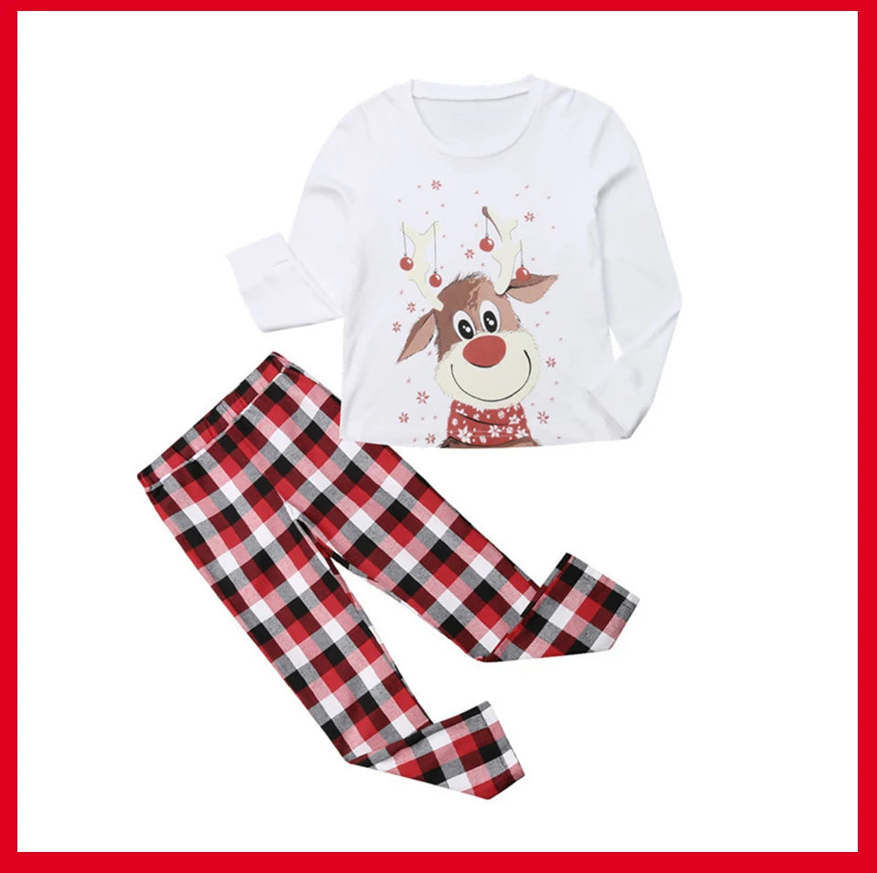 Red-Nose Reindeer Family Christmas Pajamas with White Long Sleeve Tops and Red Black Plaid Pants, Matching Mom Dad Kids Sets and Baby Jumpsuit Options