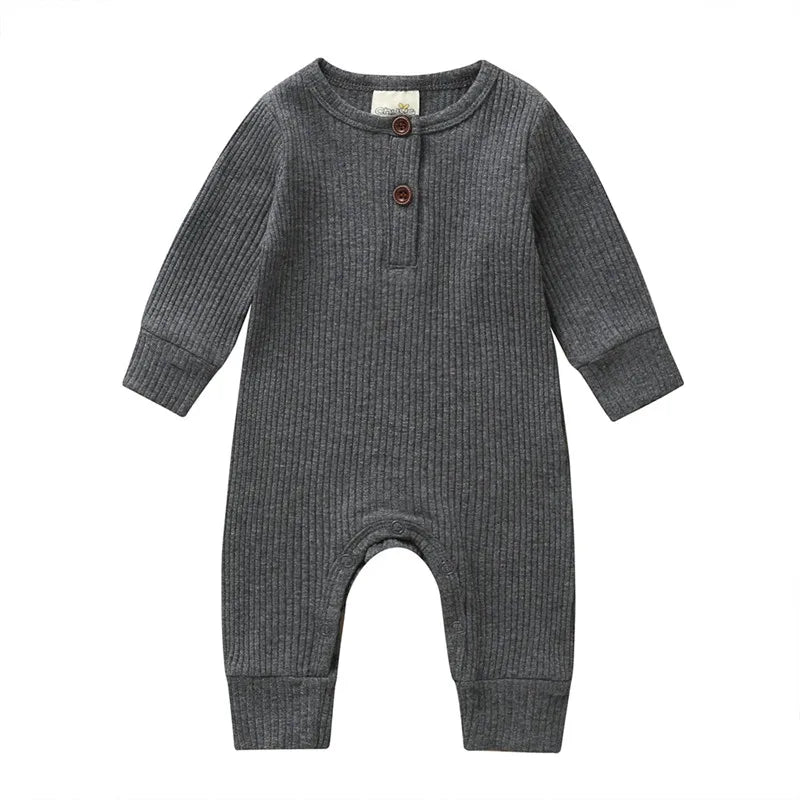 Ribbed Baby Romper with Button Neckline and Inner-Leg Snaps, Long Sleeve Cotton Knit One-Piece Outfit for Boys and Girls in 3M-18M Sizes