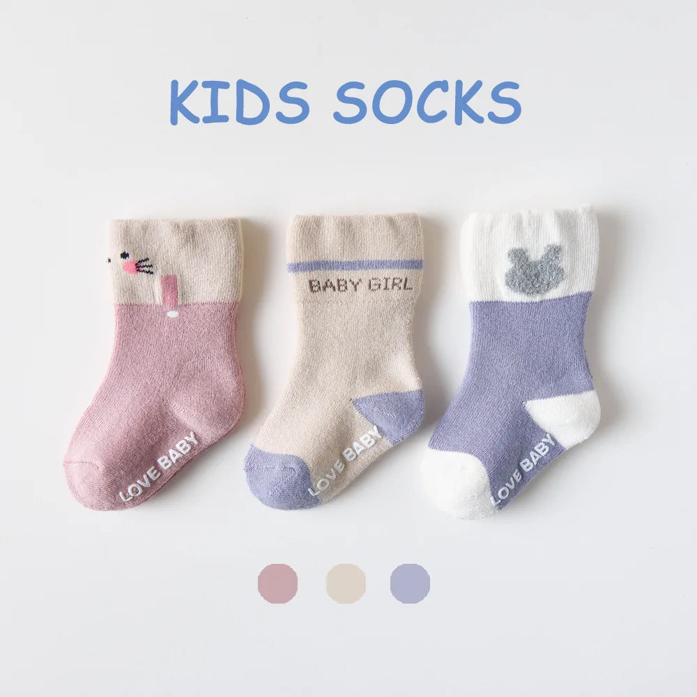 Baby Terry Cotton Socks 3-Pair Set, Thick Non-Slip Socks for Newborns, Infants and Toddlers Ages 0-5 Years for Cozy Fall and Winter Wear