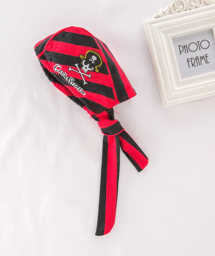 Infant Pirate Romper Costume Set with Vest, Head Scarf and Belt, Cotton Blend Red Stripe Outfit for Baby and Toddler Halloween Parties