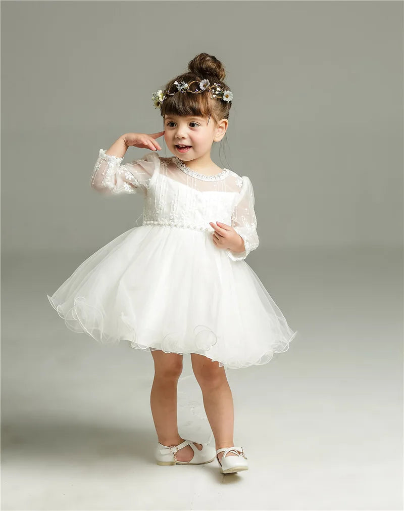 Baby Baptism Gown for Girls with Long Sleeves, Lace Details and Cotton Lining, Dress and Cap Set for Christening and First Birthday Photos