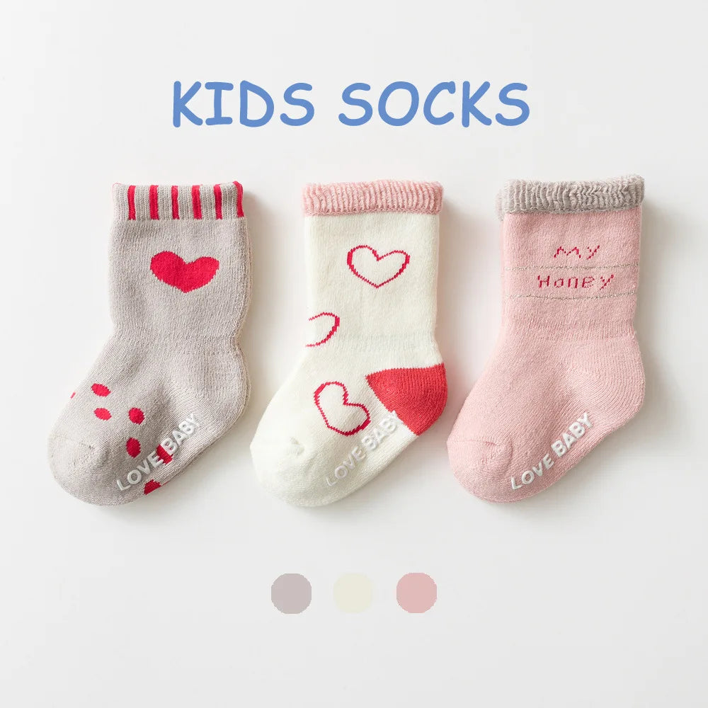Baby Terry Cotton Socks 3-Pair Set, Thick Non-Slip Socks for Newborns, Infants and Toddlers Ages 0-5 Years for Cozy Fall and Winter Wear