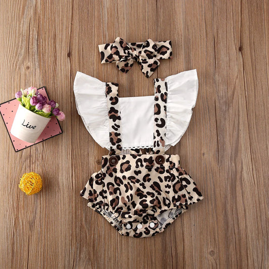 Leopard Print Baby Girl Romper and Headband Set with White Ruffle Details, Suspender Styling and Snap Crotch, Summer Outfit in 0-24 Months