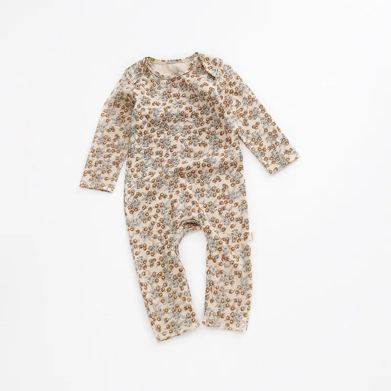 Printed Cotton Baby Romper with Long Sleeves and Footless Legs, Floral and Fruit Pattern One-Piece Outfit for Boys and Girls, Separate Hat Options