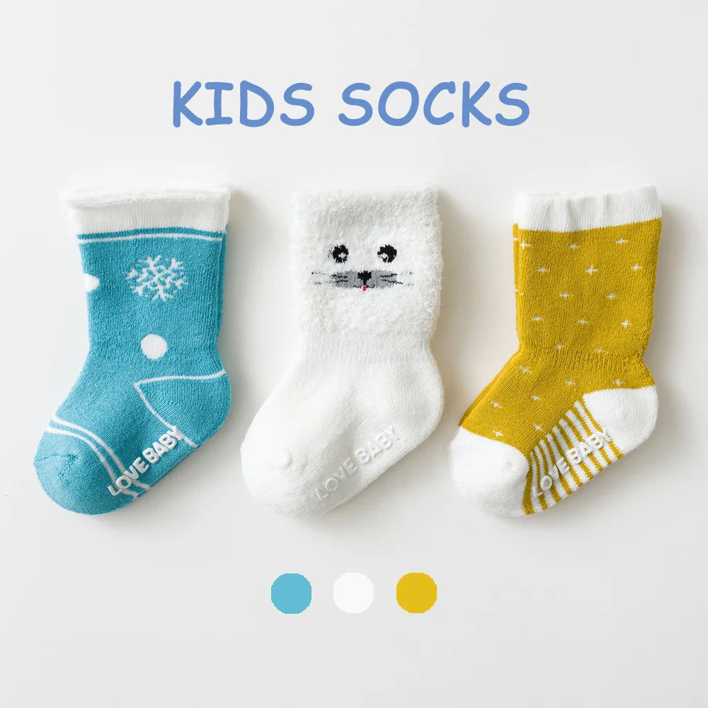 Baby Terry Cotton Socks 3-Pair Set, Thick Non-Slip Socks for Newborns, Infants and Toddlers Ages 0-5 Years for Cozy Fall and Winter Wear