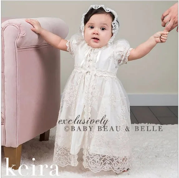 Baby Baptism Gown for Girls with Long Sleeves, Lace Details and Cotton Lining, Dress and Cap Set for Christening and First Birthday Photos