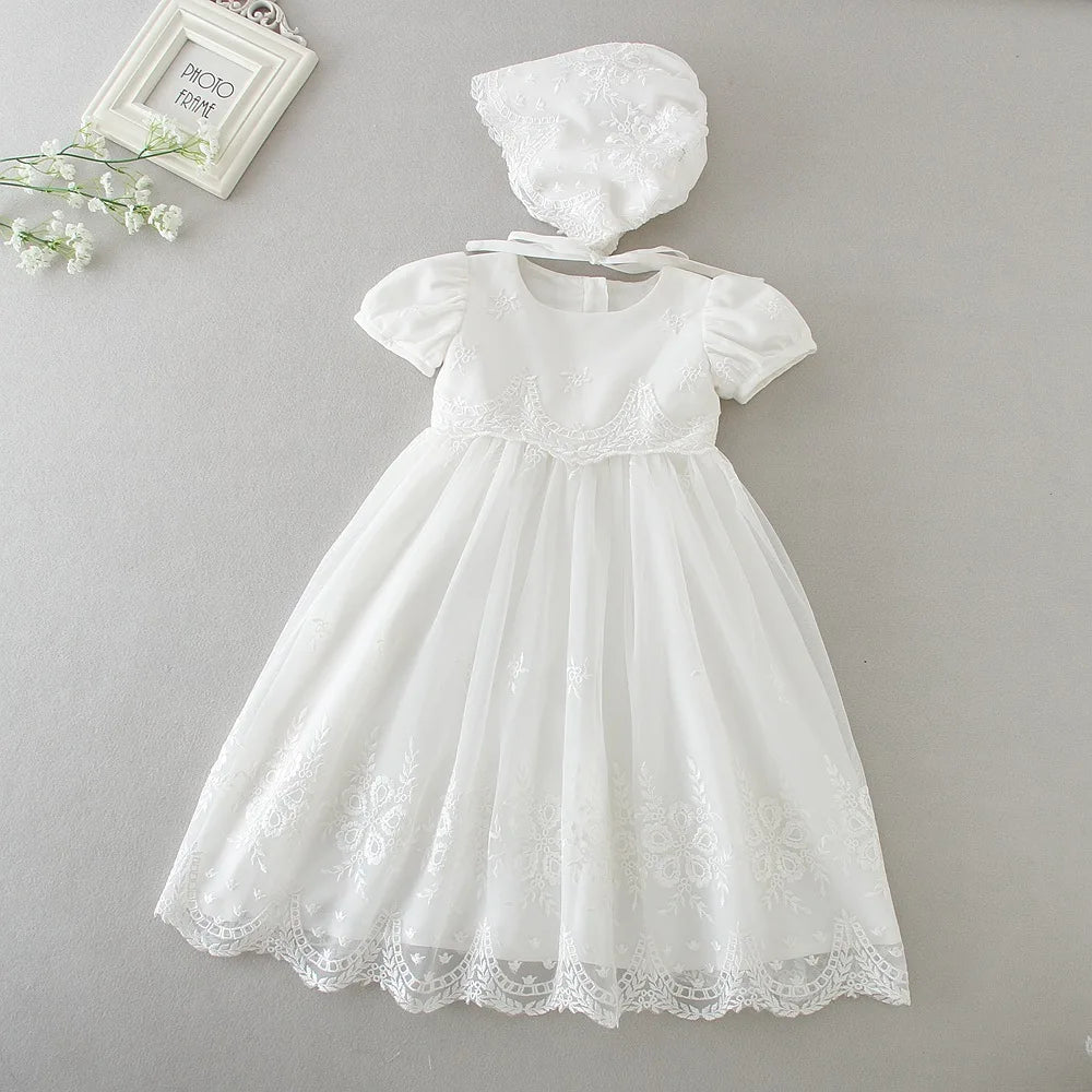 Baby Baptism Gown for Girls with Long Sleeves, Lace Details and Cotton Lining, Dress and Cap Set for Christening and First Birthday Photos