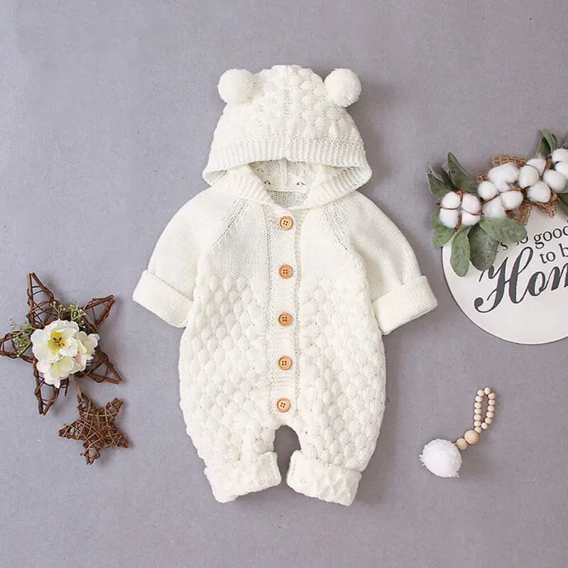 Baby Bobble Knit Hooded Jumpsuit with Round Ear Details, Cotton Blend Button-Front Sweater Romper in Beige, Pink, Blue or Gray