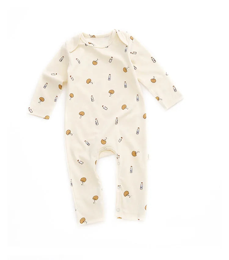 Printed Cotton Baby Romper with Long Sleeves and Footless Legs, Floral and Fruit Pattern One-Piece Outfit for Boys and Girls, Separate Hat Options