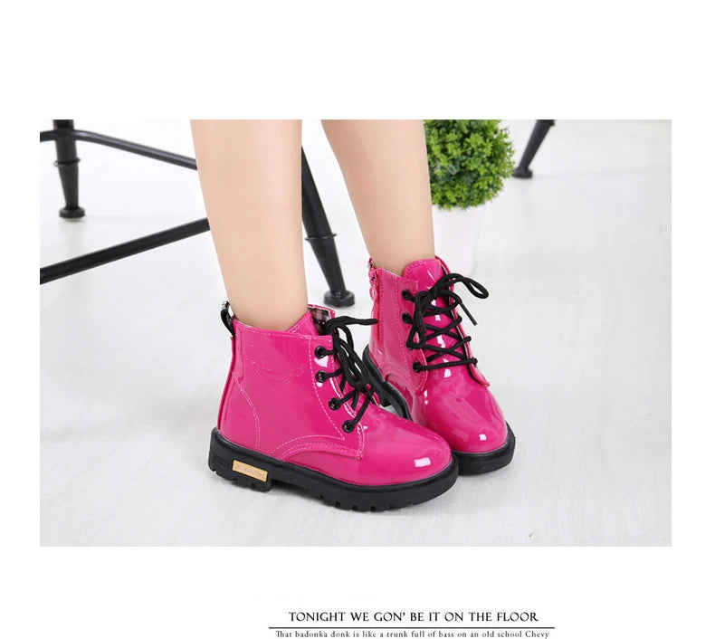 Lace-Up Kids Ankle Boots in PU Leather, Side-Zip Casual Shoes for Boys and Girls with Plush-Lined Options, Five Colors and Sizes 21-36