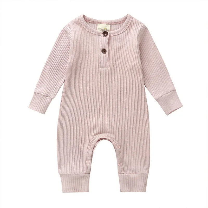 Ribbed Baby Romper with Button Neckline and Inner-Leg Snaps, Long Sleeve Cotton Knit One-Piece Outfit for Boys and Girls in 3M-18M Sizes