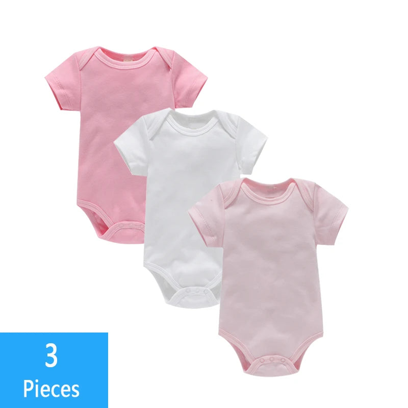 Short Sleeve Baby Bodysuits 3-Pack in 100% Cotton, Solid Color Infant One-Piece Outfits with Envelope Shoulders and Snap Bottoms for Daily Wear