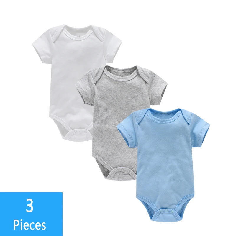 Short Sleeve Baby Bodysuits 3-Pack in 100% Cotton, Solid Color Infant One-Piece Outfits with Envelope Shoulders and Snap Bottoms for Daily Wear