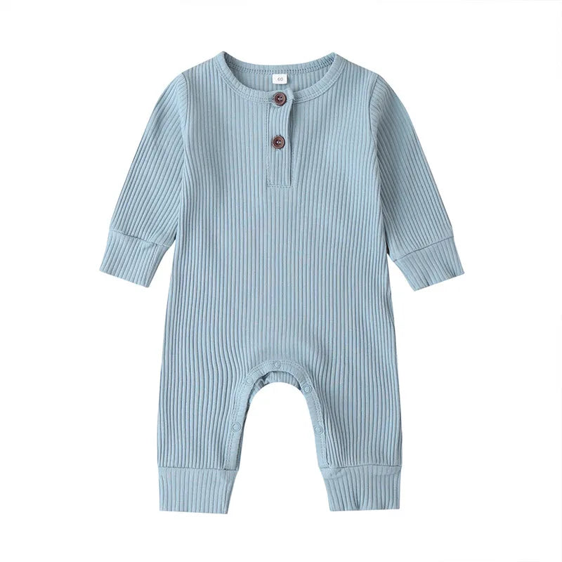 Ribbed Baby Romper with Button Neckline and Inner-Leg Snaps, Long Sleeve Cotton Knit One-Piece Outfit for Boys and Girls in 3M-18M Sizes
