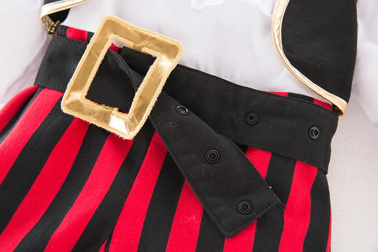 Infant Pirate Romper Costume Set with Vest, Head Scarf and Belt, Cotton Blend Red Stripe Outfit for Baby and Toddler Halloween Parties