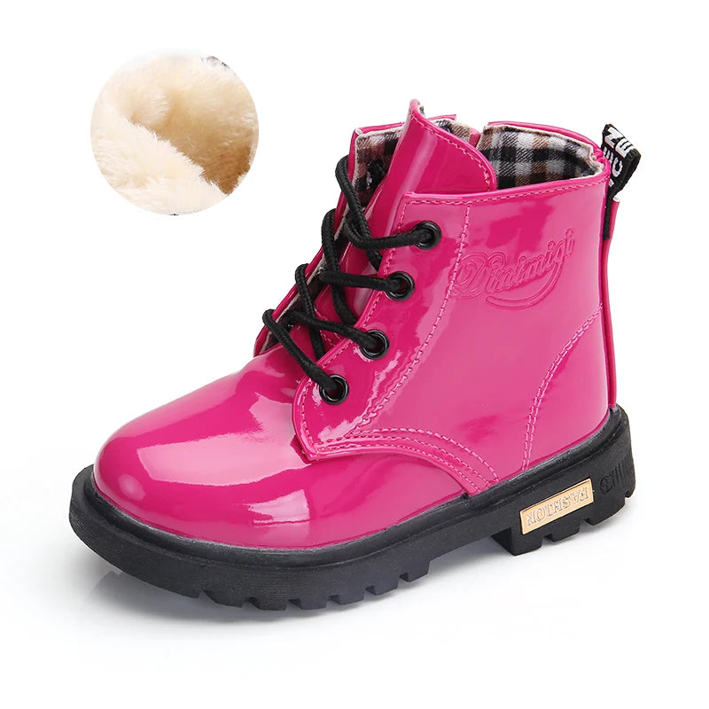Lace-Up Kids Ankle Boots in PU Leather, Side-Zip Casual Shoes for Boys and Girls with Plush-Lined Options, Five Colors and Sizes 21-36