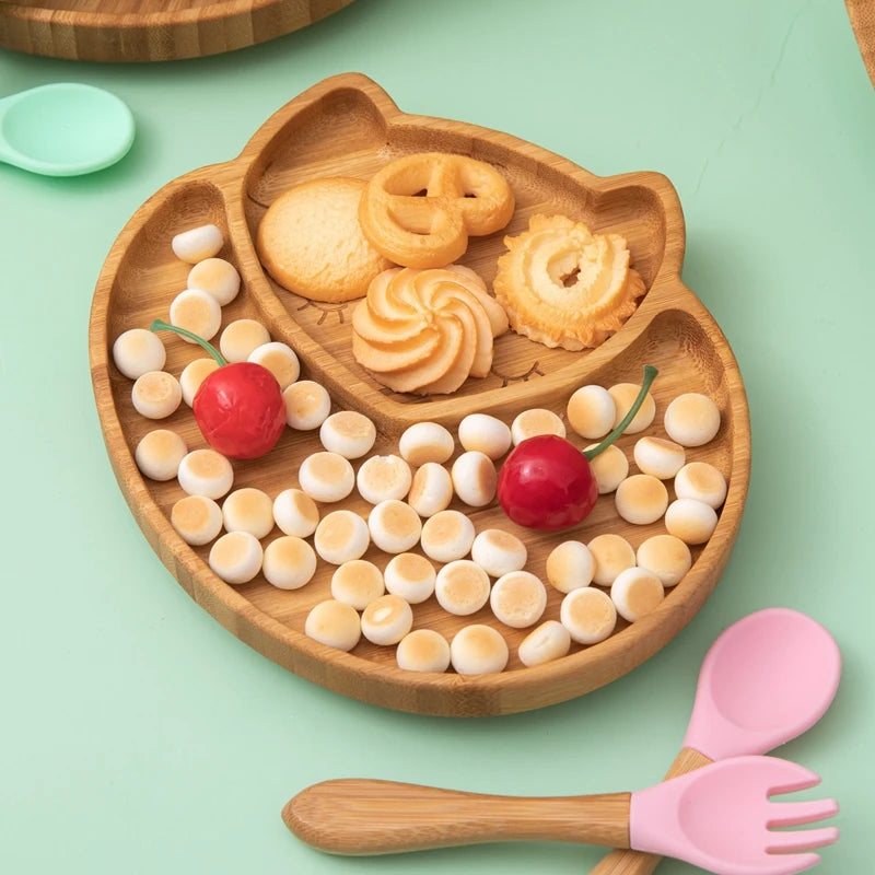 Baby Bamboo Suction Plate Set with Wooden-Handle Spoon and Fork, 3-Piece Cartoon Dinnerware with Divided Elephant Design for Toddler Meals