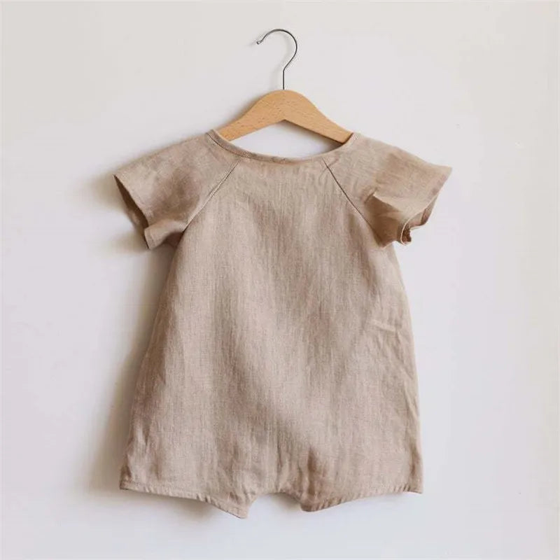 Baby Wrap Romper in Linen Cotton with Short Sleeves and Side Ties, V-Neck Summer One-Piece Outfit for Boys and Girls in Four Color Options