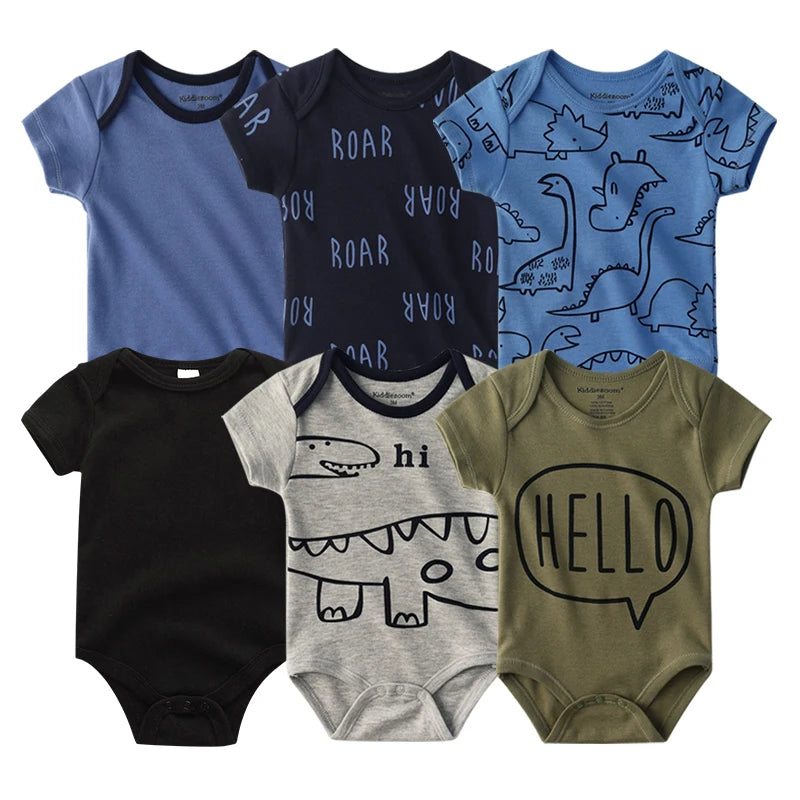 Baby Cotton Bodysuit Set, 6-Piece Short Sleeve Outfits with Envelope Shoulders and Snap Crotch for Boys and Girls, Sizes 3M-12M
