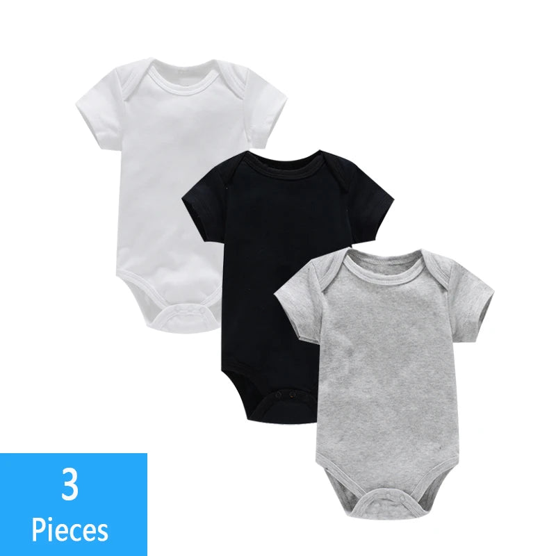 Short Sleeve Baby Bodysuits 3-Pack in 100% Cotton, Solid Color Infant One-Piece Outfits with Envelope Shoulders and Snap Bottoms for Daily Wear