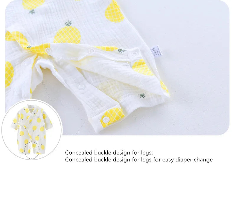 Muslin Cotton Baby Kimono Romper with Side Ties and Leg Snaps, Long Sleeve Printed Footless Jumpsuit for Boys and Girls, 0-24 Months