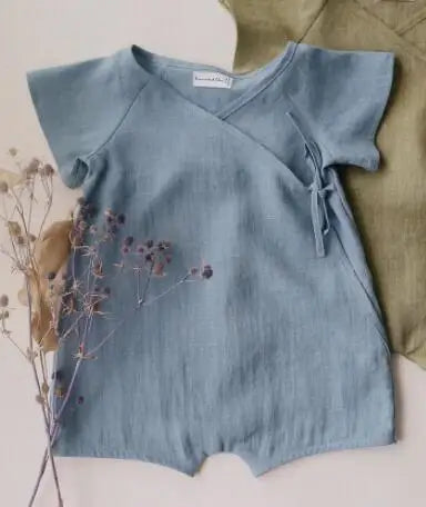 Baby Wrap Romper in Linen Cotton with Short Sleeves and Side Ties, V-Neck Summer One-Piece Outfit for Boys and Girls in Four Color Options