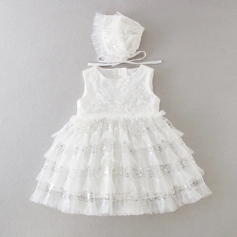 Baby Baptism Gown for Girls with Long Sleeves, Lace Details and Cotton Lining, Dress and Cap Set for Christening and First Birthday Photos