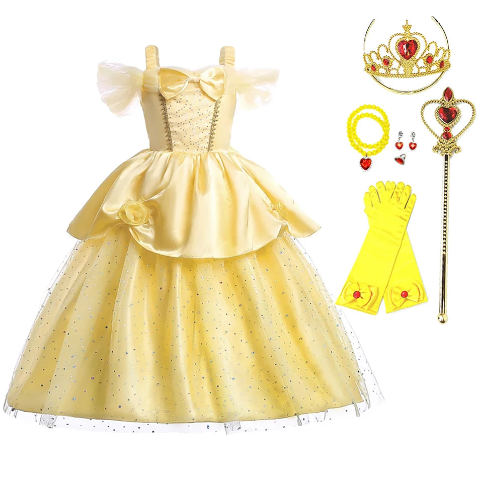 Yellow Princess Dress for Girls, Belle-Inspired Costume Gown in Dress A, B or C Styles and Sizes 3T–10T for Birthday Parties and Halloween