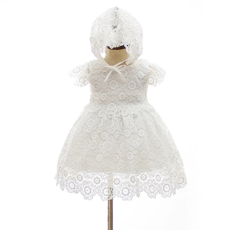 Baby Baptism Gown for Girls with Long Sleeves, Lace Details and Cotton Lining, Dress and Cap Set for Christening and First Birthday Photos