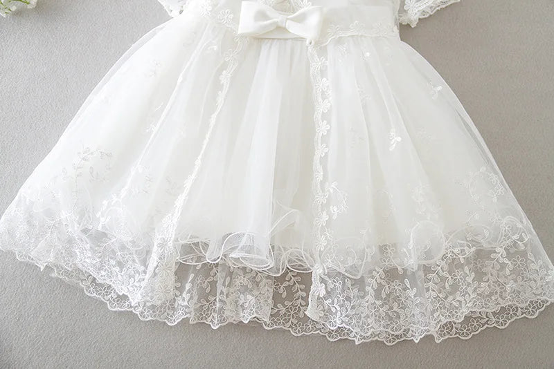 Baby Baptism Gown for Girls with Long Sleeves, Lace Details and Cotton Lining, Dress and Cap Set for Christening and First Birthday Photos