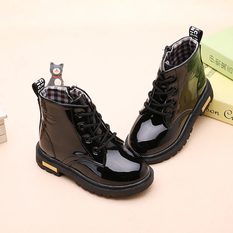 Lace-Up Kids Ankle Boots in PU Leather, Side-Zip Casual Shoes for Boys and Girls with Plush-Lined Options, Five Colors and Sizes 21-36