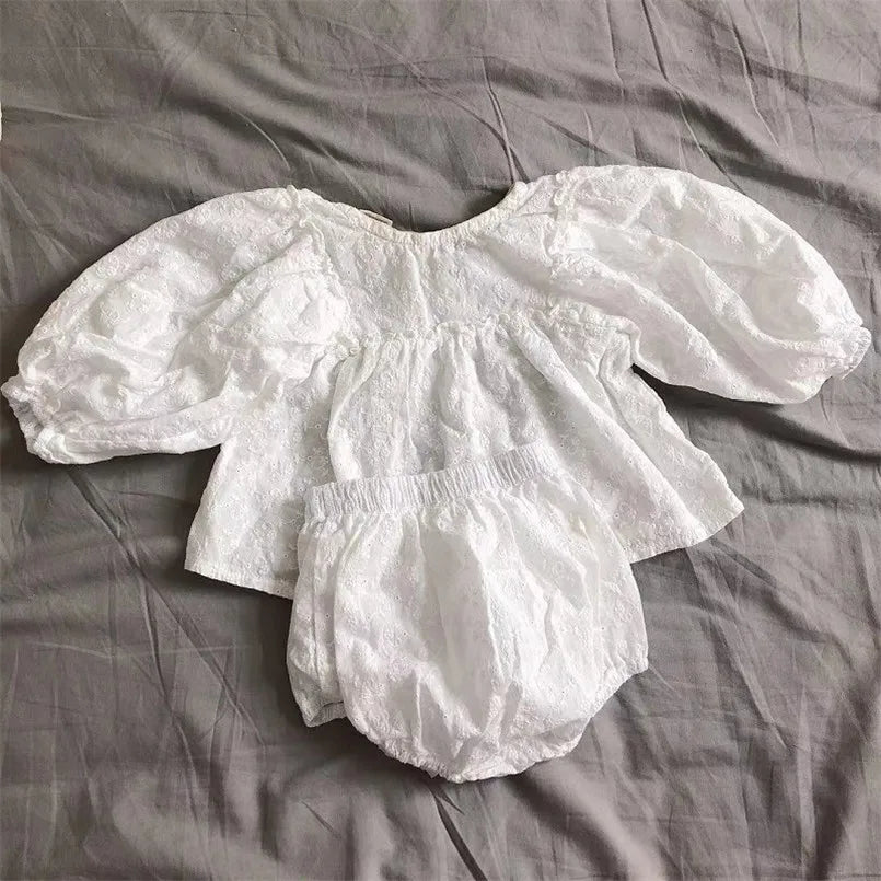 Baby Girl Bloomer Outfit Set with Vintage Lace Embroidery, Long Sleeve Cotton Top and Matching Shorts for Infants and Toddlers