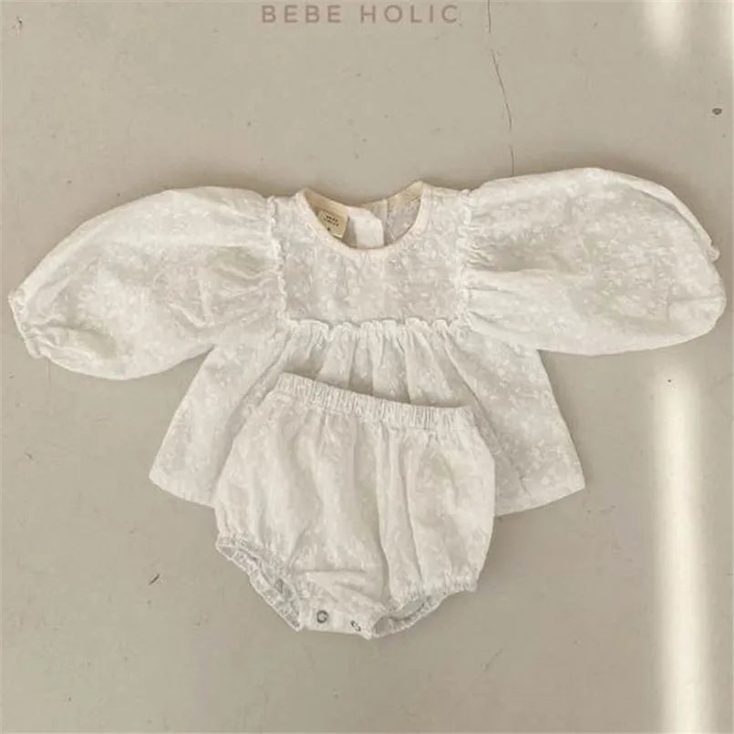 Baby Girl Bloomer Outfit Set with Vintage Lace Embroidery, Long Sleeve Cotton Top and Matching Shorts for Infants and Toddlers