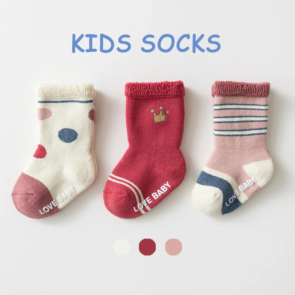 Baby Terry Cotton Socks 3-Pair Set, Thick Non-Slip Socks for Newborns, Infants and Toddlers Ages 0-5 Years for Cozy Fall and Winter Wear