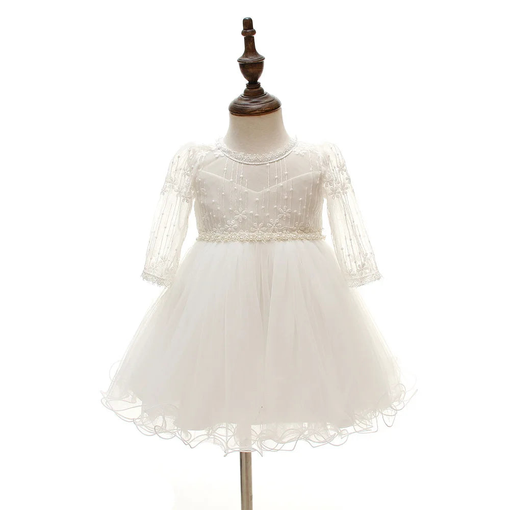 Baby Baptism Gown for Girls with Long Sleeves, Lace Details and Cotton Lining, Dress and Cap Set for Christening and First Birthday Photos