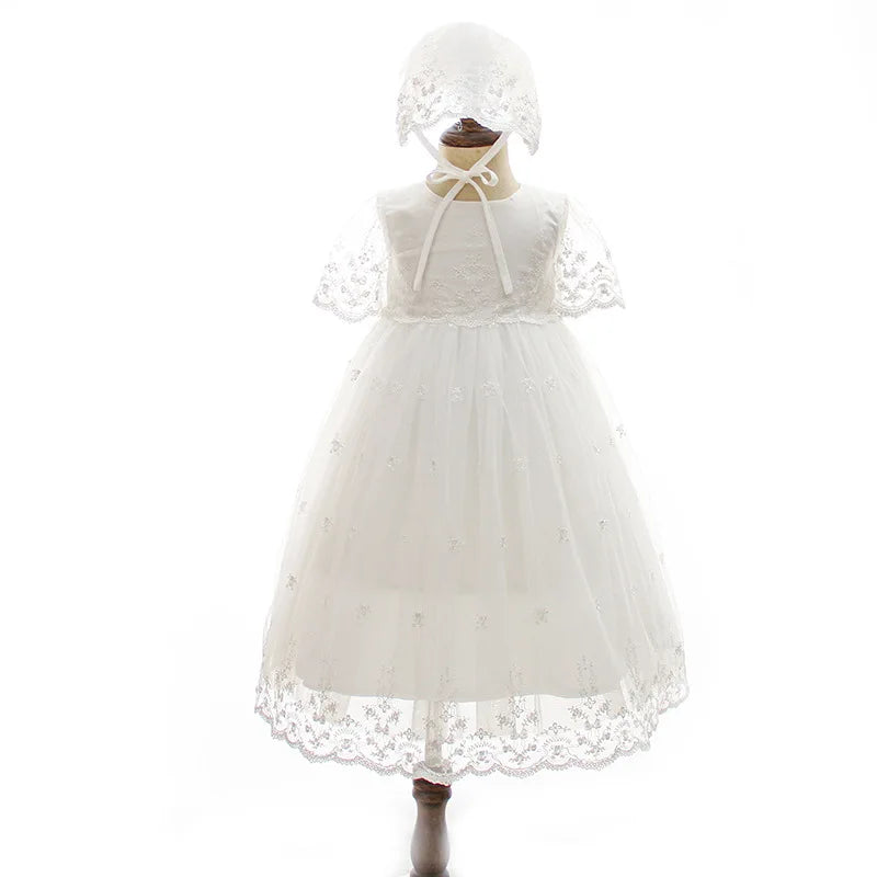 Baby Baptism Gown for Girls with Long Sleeves, Lace Details and Cotton Lining, Dress and Cap Set for Christening and First Birthday Photos
