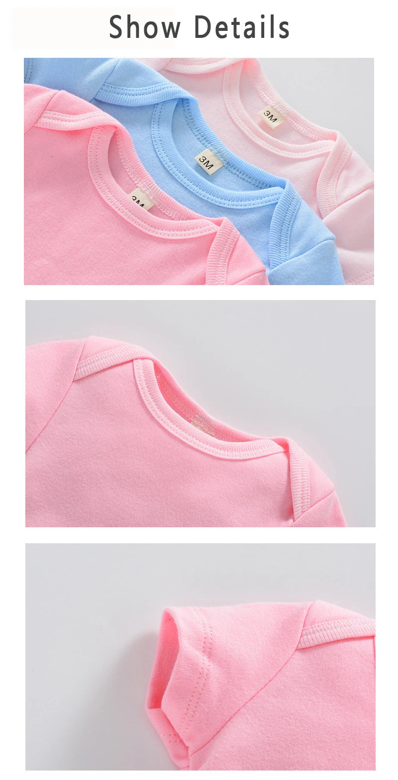 Short Sleeve Baby Bodysuits 3-Pack in 100% Cotton, Solid Color Infant One-Piece Outfits with Envelope Shoulders and Snap Bottoms for Daily Wear