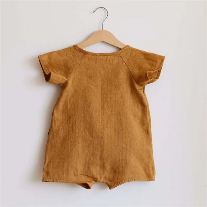 Baby Wrap Romper in Linen Cotton with Short Sleeves and Side Ties, V-Neck Summer One-Piece Outfit for Boys and Girls in Four Color Options