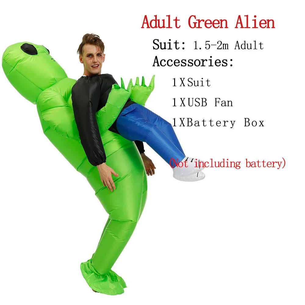 Alien Piggyback Inflatable Costume for Adults and Kids, Green Carrying Illusion Suit with Fan for Halloween, Cosplay and Stage Parties