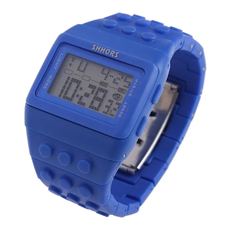 Colorful Link Digital Watch, Kids Block-Inspired Wristwatch with LED Backlight, Adjustable Plastic Band, Alarm, Calendar and Stopwatch for Daily Wear