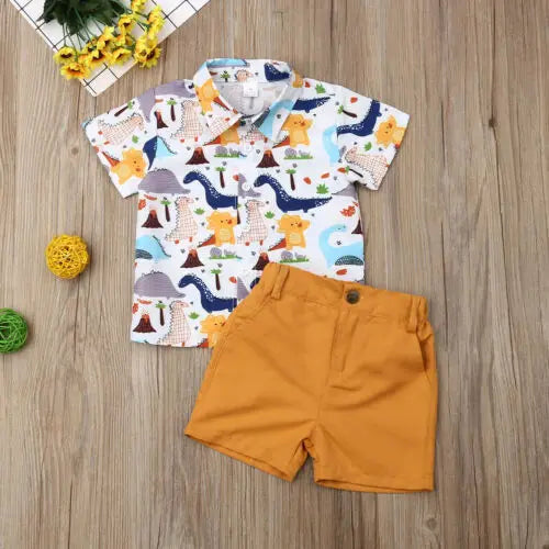 Dinosaur Shirt and Shorts Set for Toddler Boys, Cotton Blend Short Sleeve Button-Front Collared Top with Mustard Yellow Shorts, Sizes 2T–6T